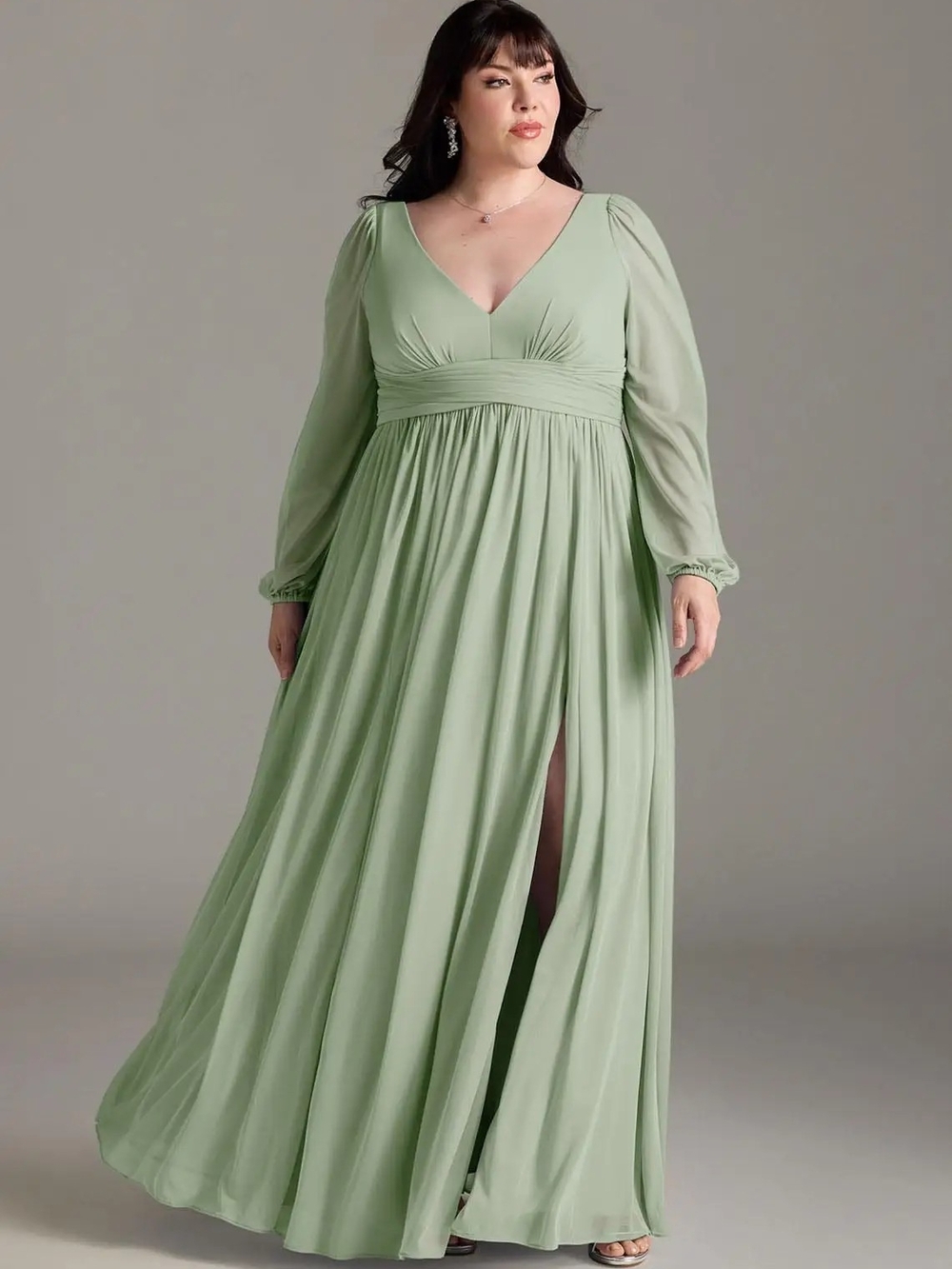 Plus Size Sage Green V-Neck Bridesmaid Dress
